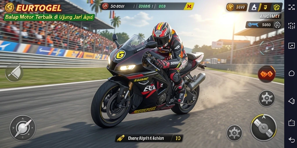 Screenshot gameplay EUROTOGEL menampilkan balapan motor yang intens dan grafis luar biasa.