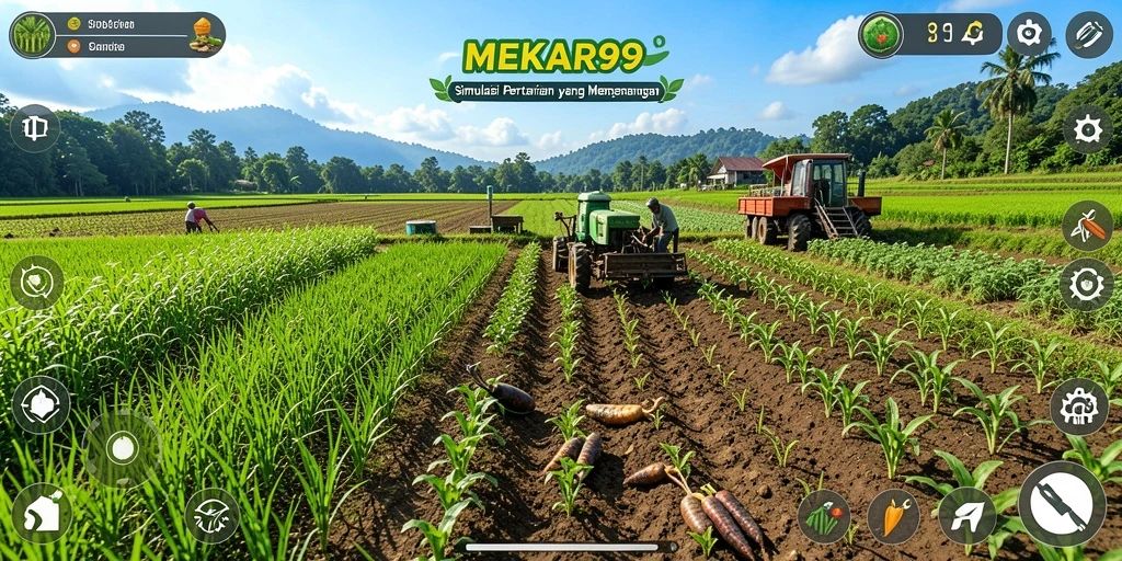 Tangkapan layar gameplay MEKAR99 yang menampilkan lahan pertanian yang subur.