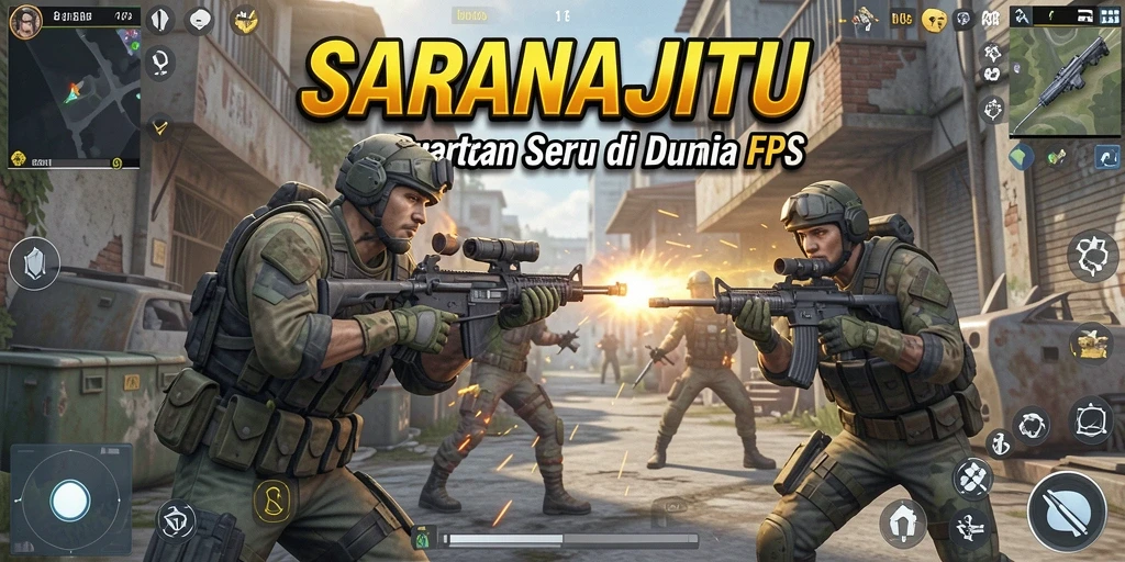 Tampilan gameplay SARANAJITU yang intens dan menantang di arena pertempuran FPS.