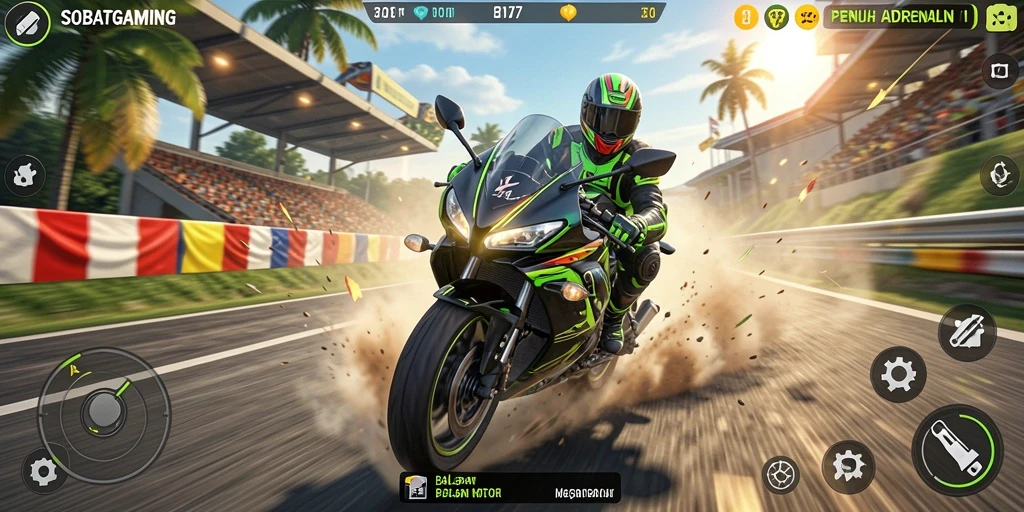 Tampilan gameplay balapan motor yang penuh aksi dan seru.